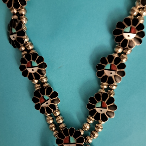 Zuni Inlay Necklace by Ashberry Gasper Sunface Onyx Coral Turquoise MOP - Picture 2 of 7